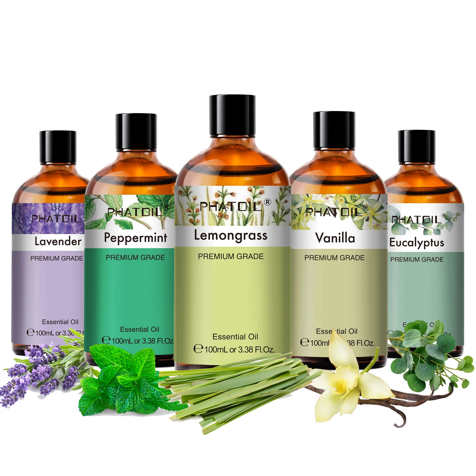 PHATOIL 100 ml Huile essentielle pure de qualité supérieure pour diffuseur et humidificateur Menthe poivrée Citronnelle Lavande Eucalyptus Vanille Huiles essentielles d'aromathérapie pour la fabrication de savons et de bougies