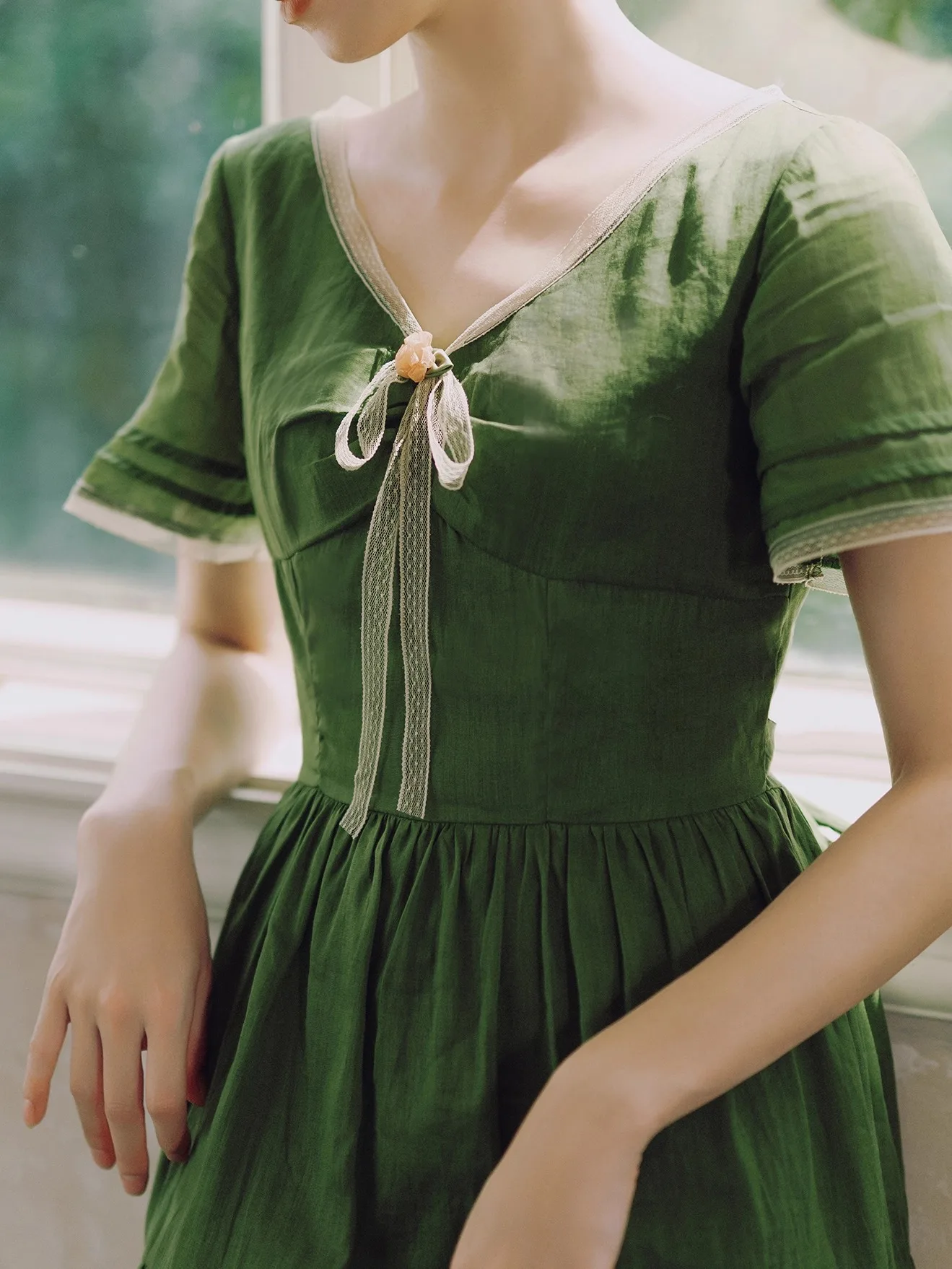 TIYIHAILEY Summer Women Ramie Cotton Dress Short Sleeve Long Maxi Ladies Size S-XL V-Neck Vintage Green High Waist Lace 2025 New