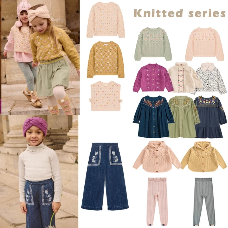 

Handmade Children's Outerwear Autumn Winter Cotton Knitted Sweater Coat Set with Embroidered Ball Flowers for Girls