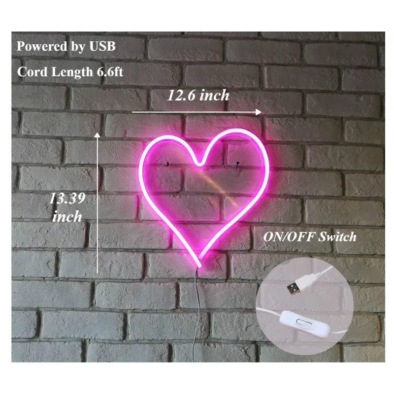 13.4”x12.6” Heart Shape Neon Sign Wall Hanging Sign Wall Art Bar Kid’s Bedroom Party Home Night Light USB Switch(Pink Heart)