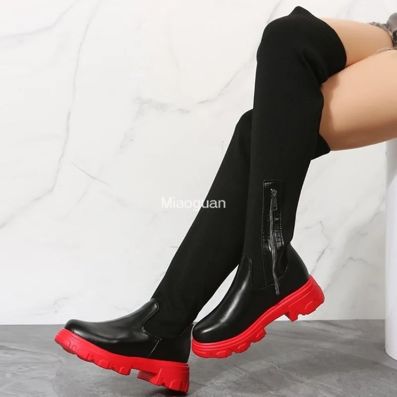 Women\'s Platform Over The Knee Boot Sexy Red Knitted Elastic Boots Long Boots Woman 2024 Winter Black Shoes Round Head Plus Size