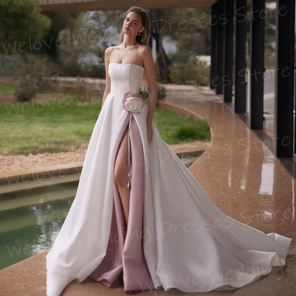 

Изящные женские свадебные платья трапециевидной формы без бретелек с цветочным принтом, платье невесты по индивидуальному заказу, без рукавов с боковым разрезом, Vestido De Novia