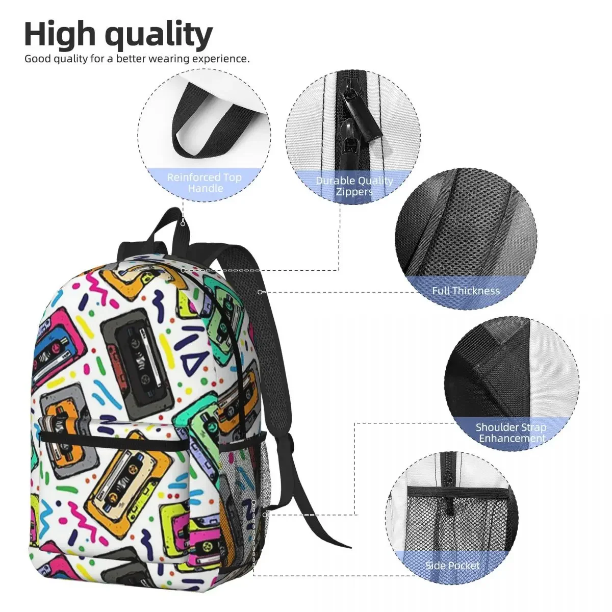 Compact Cassette Cartoon Pattern Backpack Daypack Large Capacity Children BookBag School Bag Shoulder Bags for Men Women