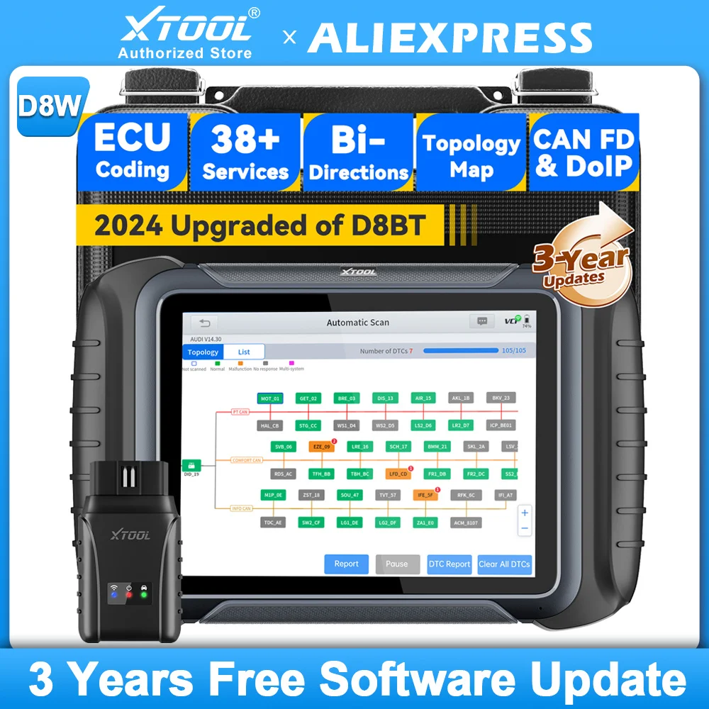 XTOOL D8W WIFI D8BT Bluetooth Bi-Directional Scan Tool ECU Coding All Car Diagnostic Tools CAN FD DOIP Topology Map 38+ Services