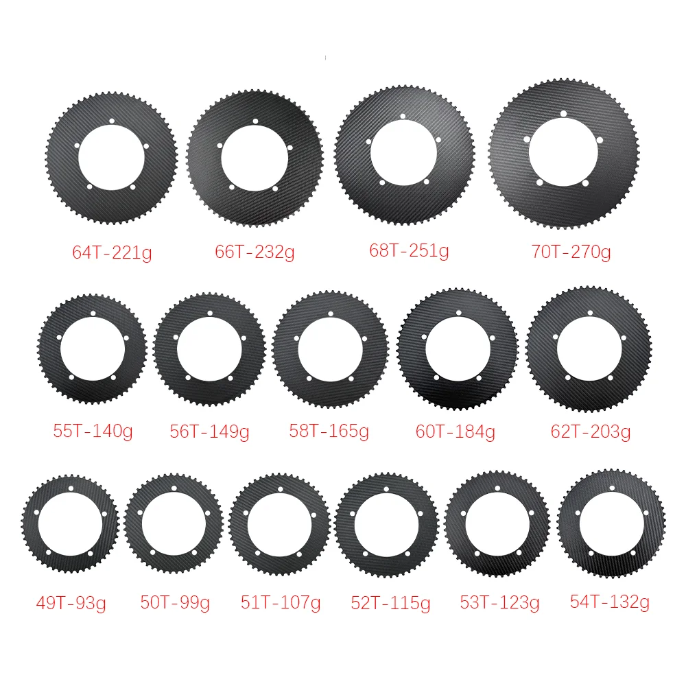 BALUGOE Carbonfaser-Kettenblatt BCD 144mm 49T-64T Kettenblatt mit 5 Löchern für Fixed-Gear-Fahrräder und TT-Fahrräder, unidirektionales Getriebe – Detail 3