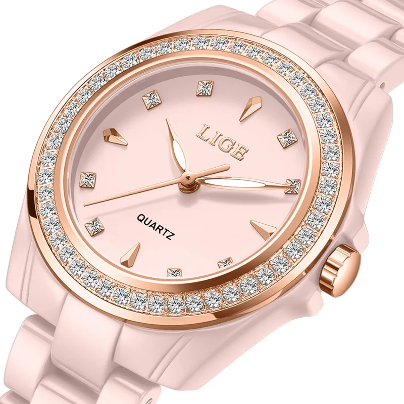 LIGE الفاخرة الوردي امرأة ساعة مقاوم للماء موضة كوارتز السيدات ساعة اليد الماس الهاتفي كامل السيراميك المرأة الساعات Relojs + صندوق #6