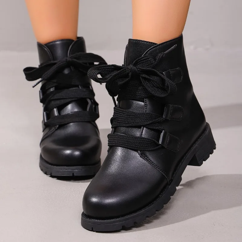 Plus-Size Booties Women's Round Toe Lace-Up Soft-Slip Leather Shoes