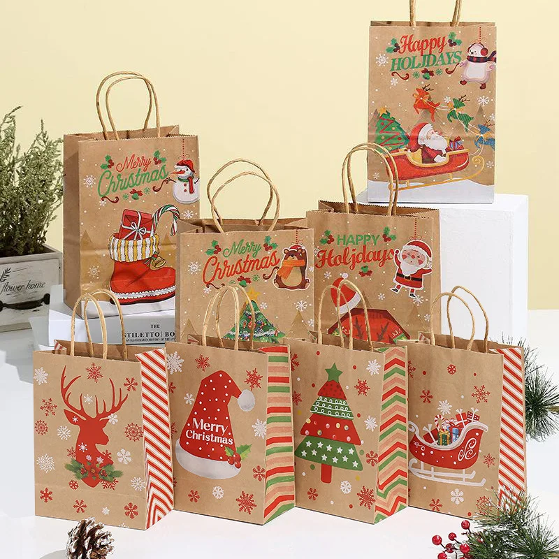 

12pcs Merry Christmas Gift Bags Xmas Tree Kraft Paper Packing Bag Snowflake Christmas Candy Box New Year Favors Bag Noel Decor