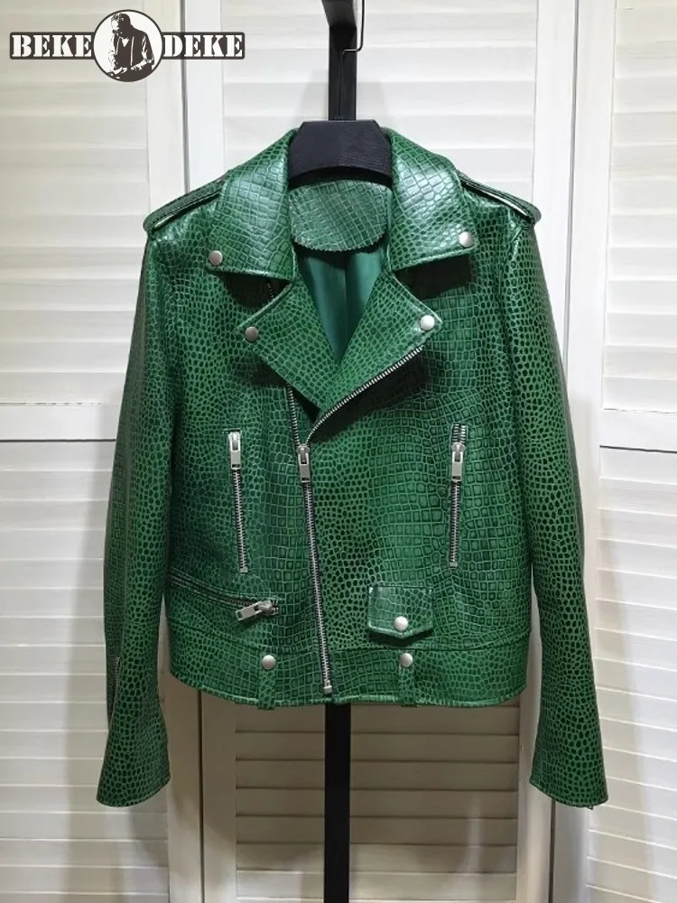 Fashion Women Green Crocodile Patterned Motorcycle Real Leather Jacket Zippers Punk Style Slim Fit Genuine Leather Jacket Coat