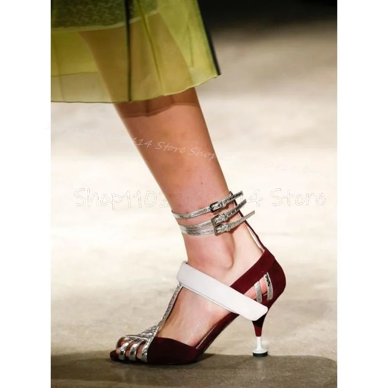 Burgandy White Peep Toe Hollow Design Pumps Ankle Buckle Strap Women Shoes Strange Style Heels Runway 2024 Zapatos Para Mujere