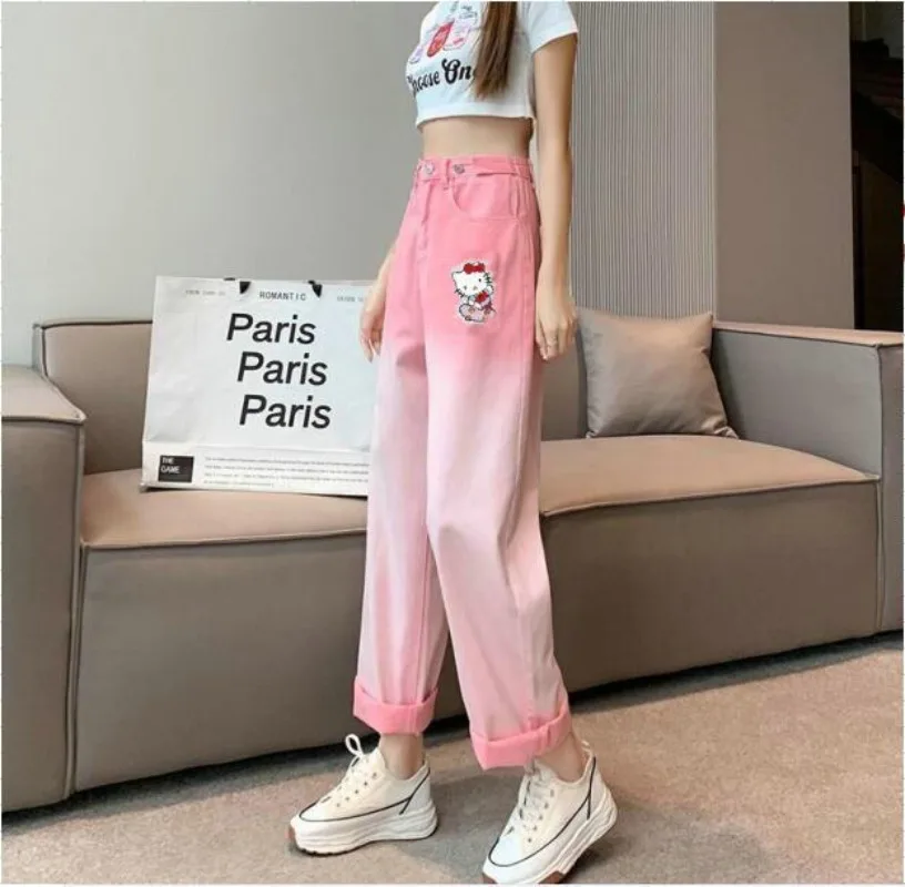 Sanrio New Original Kawaii Women Clothing Y2K Pants Hello Kitty Pink Gradient Jeans Streetwear Sweatpants Women Kpop Women Pants