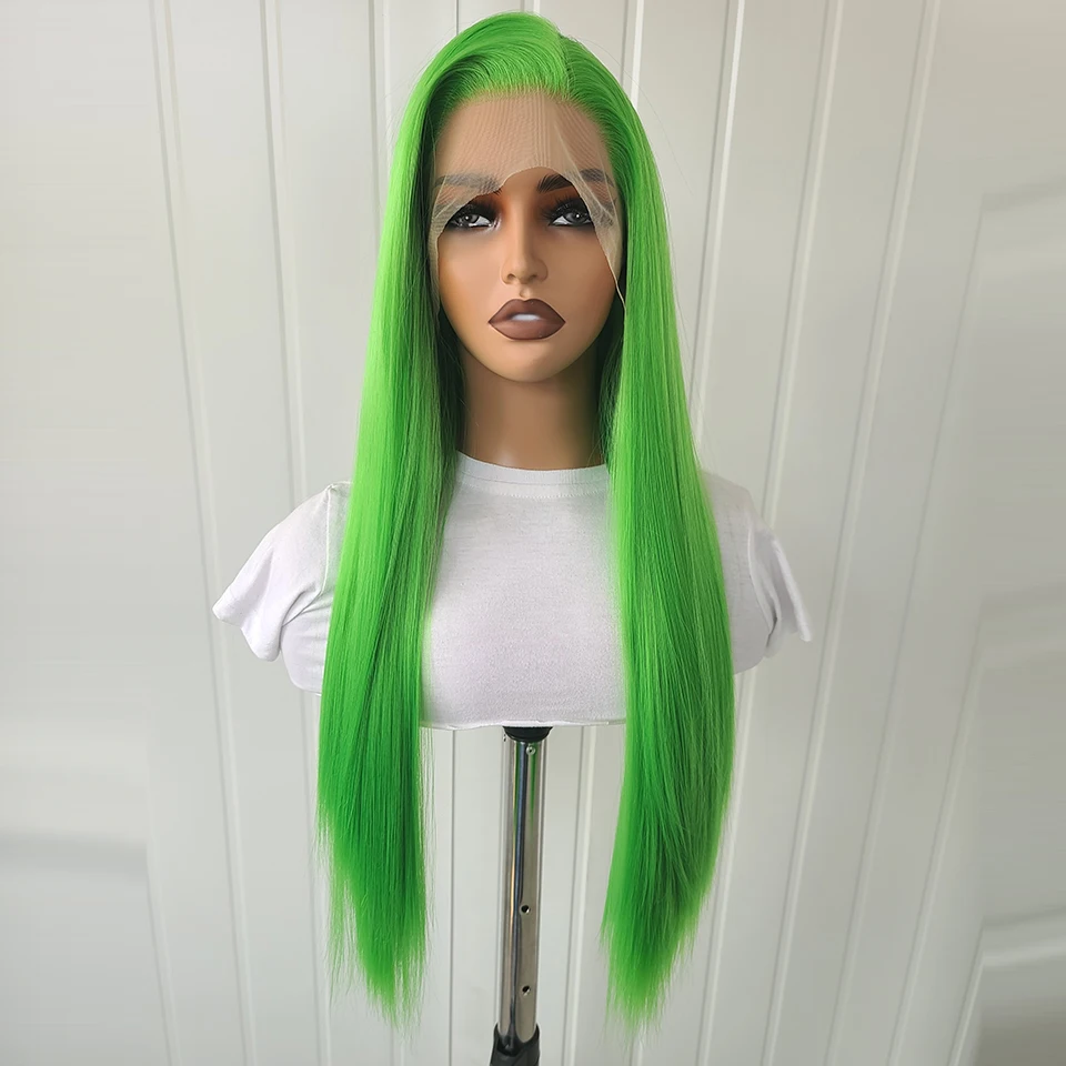 Synthetic Lace Front Wig 26 Inch Long Straight Hair Wigs Soft Red Green Lace Front Wigs For Women Cosplay Wigs Daily Use