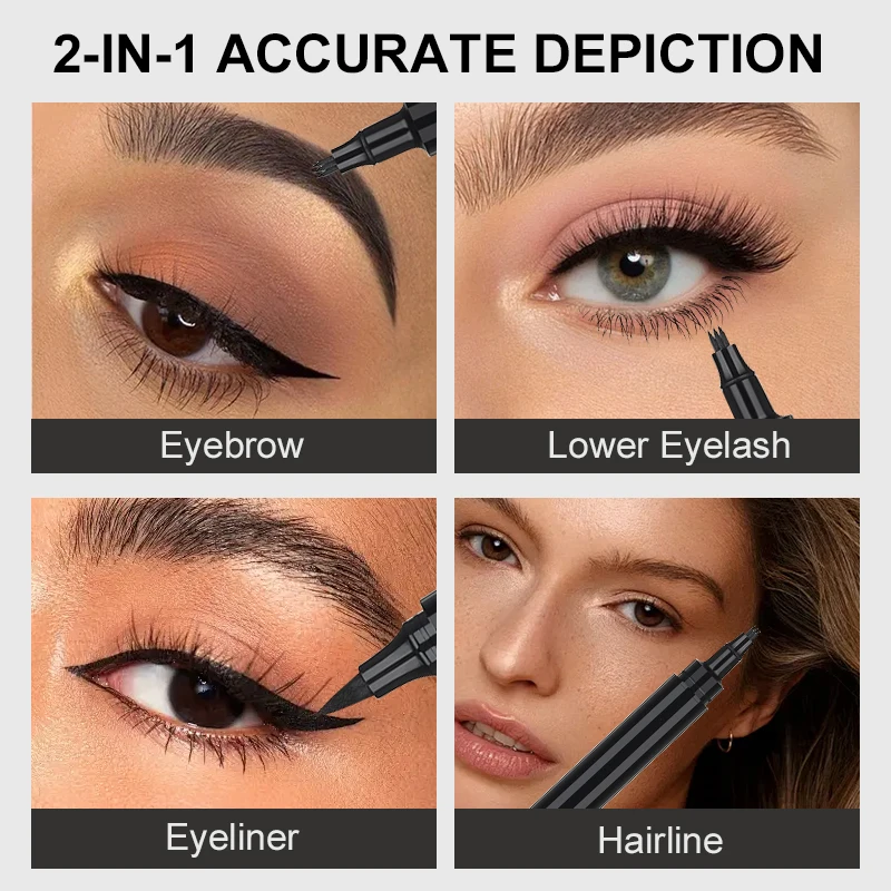 Dwustronny ołówek do brwi i eyelinera 2 w 1, wodoodporny, potrójna końcówka widełkowa do naturalnych brwi, długotrwałe narzędzie do makijażu