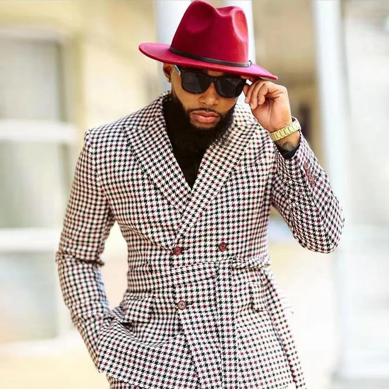 Inverno houndstooth ternos dos homens para o blazer do casamento + calças com cinto smoking xadrez dos padrinhos festa terno bola 2 peças feito sob encomenda