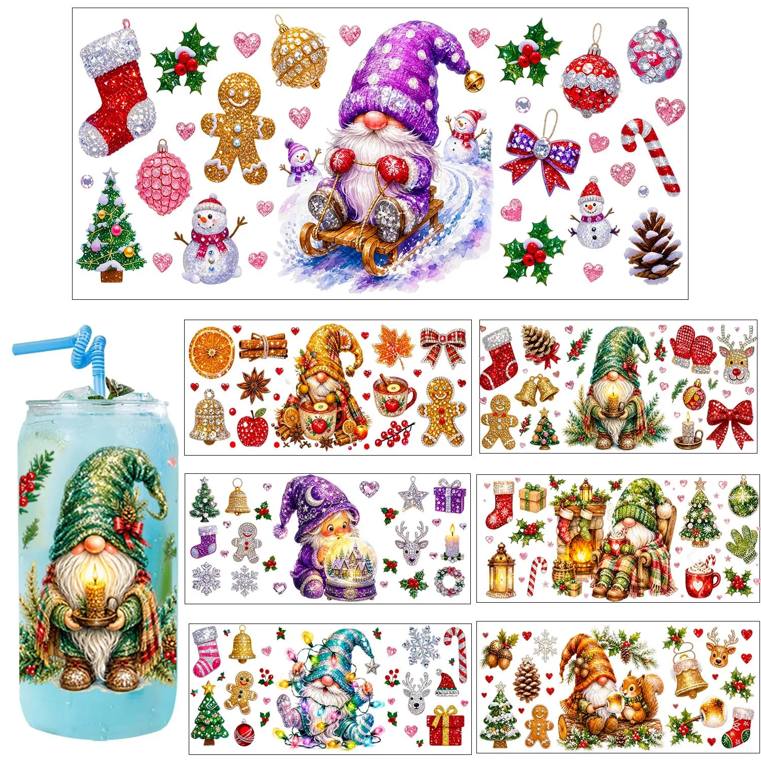 Merry Christmas Cute Gnome Rub On UV DTF Transfer Sticker Waterproof DIY Decals 3D Transfers UVDTF Sticker 16oz UV DTF Cup Wraps