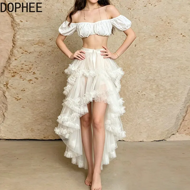 Original Spring Summer Irregular Perspective Mesh Lolita Overskirt High Waist Lace-up Elegant Ruffles Trailing Princess Skirts