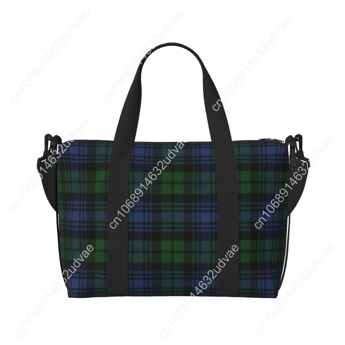 Custom Black Ancient Scottish Tartan Beach Tote Bag Women Plaid Check Geometric Big Compartment Beach Gym Travel Bags