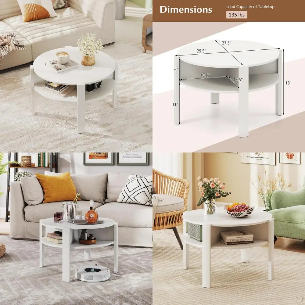 

круглый журнальный столик, 29,5-дюймовый 2-х ярусный круглый коктейльный столик с полками для хранения, для небольших помещений, гостиной (белый)