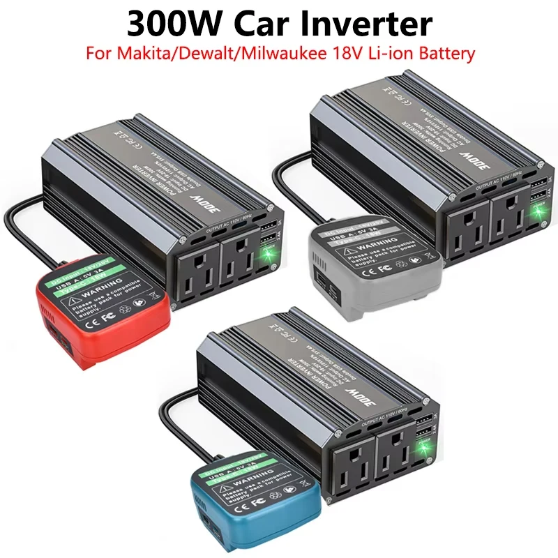 

300W Car Power Inverter For Makita/Dewalt/Milwaukee 18V Li-ion Battery Outdoor Inverter AC110V/DC18V Power Station Generator