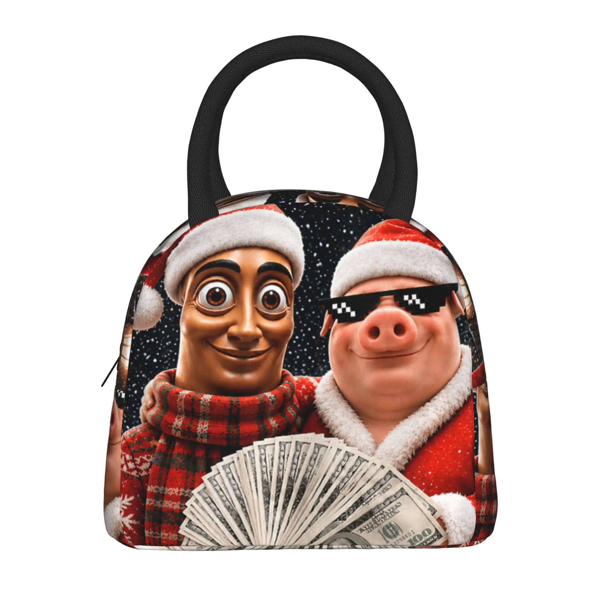 John Pork and Tung Tung Sahur Front Door Motion Chirstmas Lunch Bag  Kawaii Lunch Box Women Outdoor Picnic Portable Cooler Bag