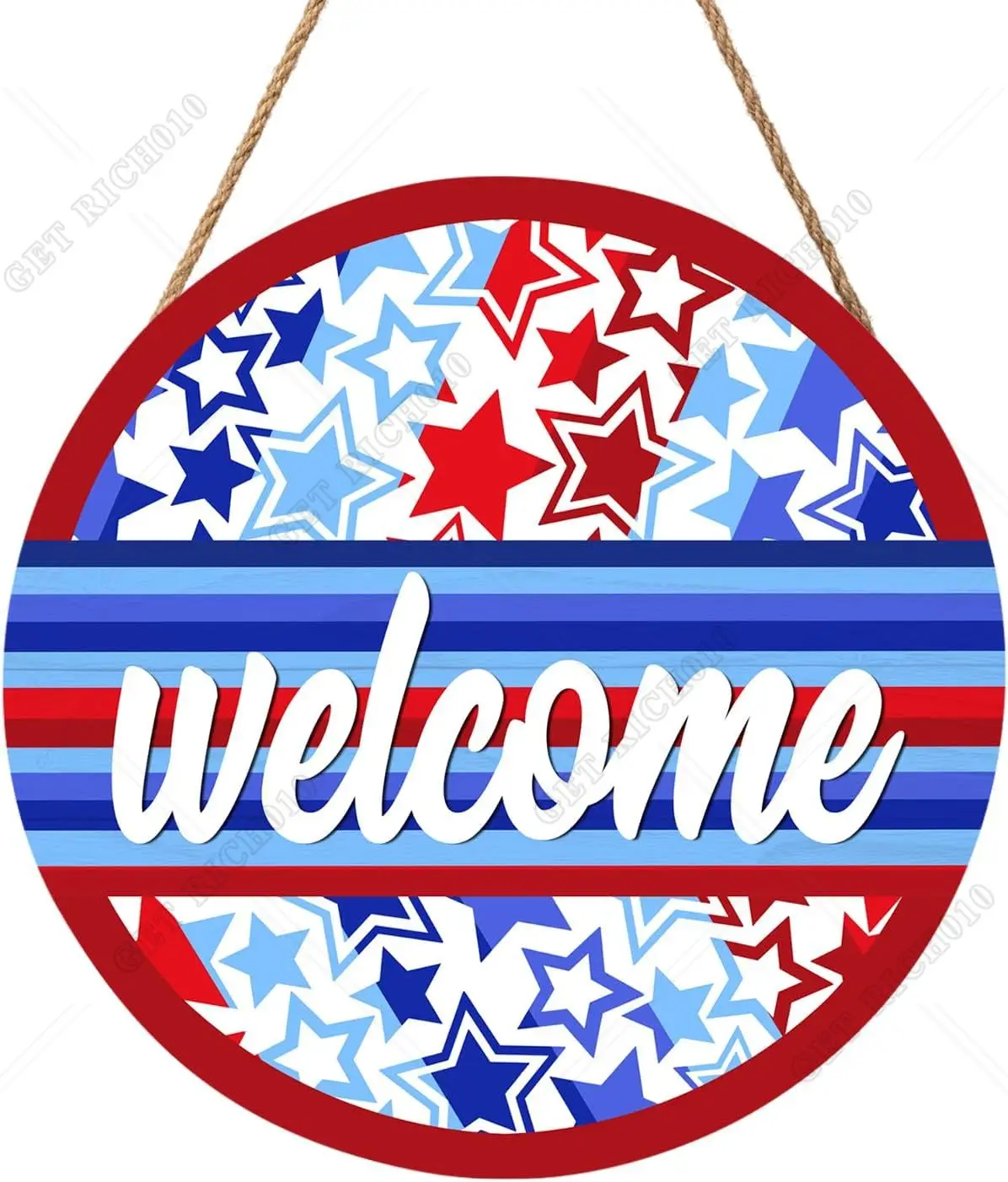 

4th of July Welcome Door Sign Independence Day Welcome Sign for Front Door 12x12in American Patriotic Wreath Wood Wall Hanger