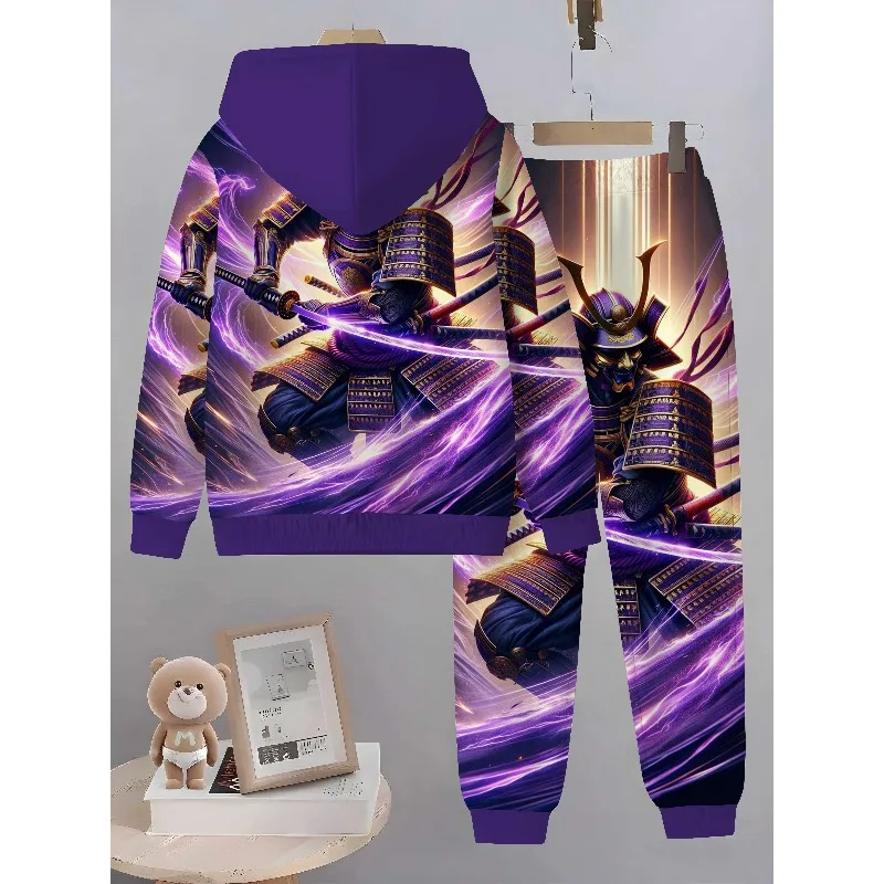 シンプルでスタイリッシュなカジュアル長袖3Dデジタルプリントクラシック戦士柄パーカーとスポーツパンツの2点セット