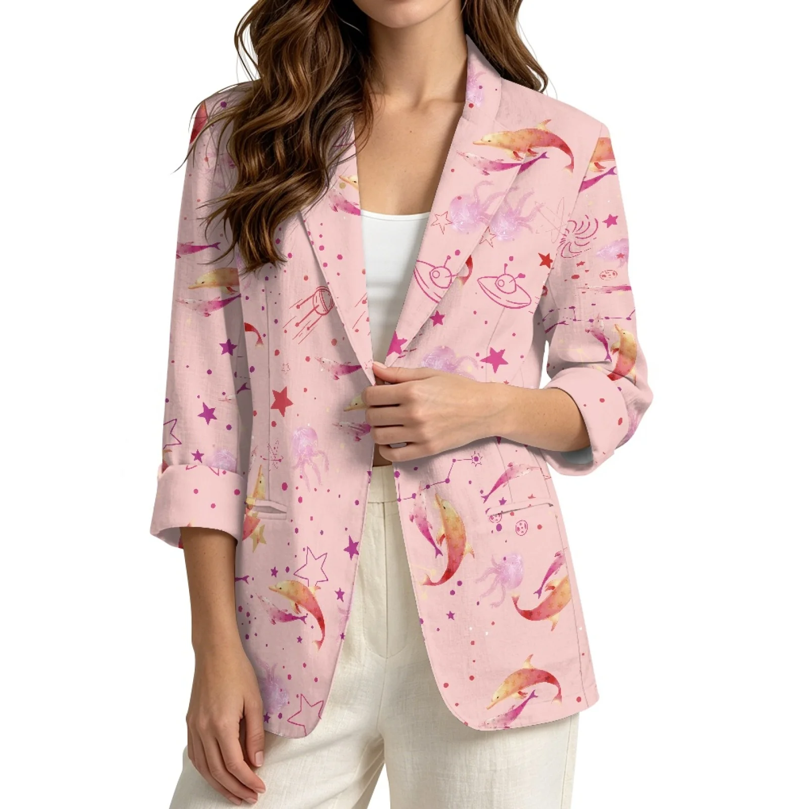 PENSTROLL Pink Dolphin Star Pattern Linen Like Beach Coverups Casual Jackets for Women S-3XL