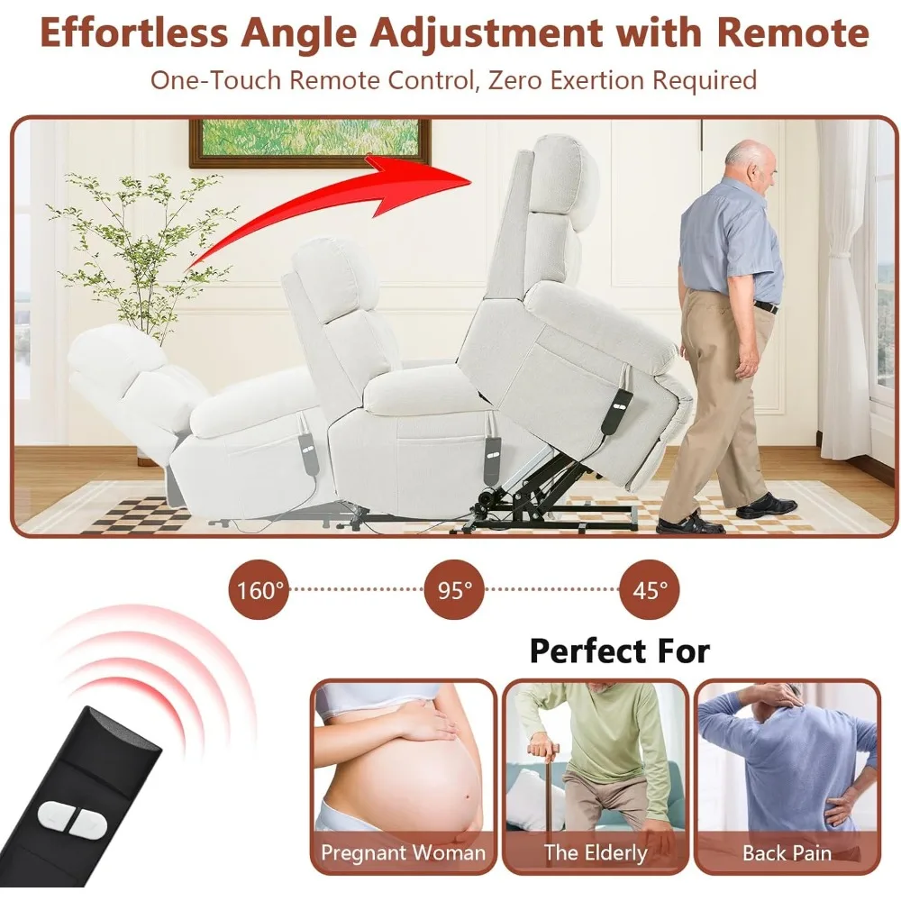 เก้าอี้เลานจ์ผู้สูงอายุแบบยกไฟฟ้า, รีโมทคอนโทรลที่ง่าย, สตูลวางเท้ากว้าง, กระเป๋าด้านข้าง, เก้าอี้เลานจ์กํามะหยี่เกล็ดหิมะนุ่ม