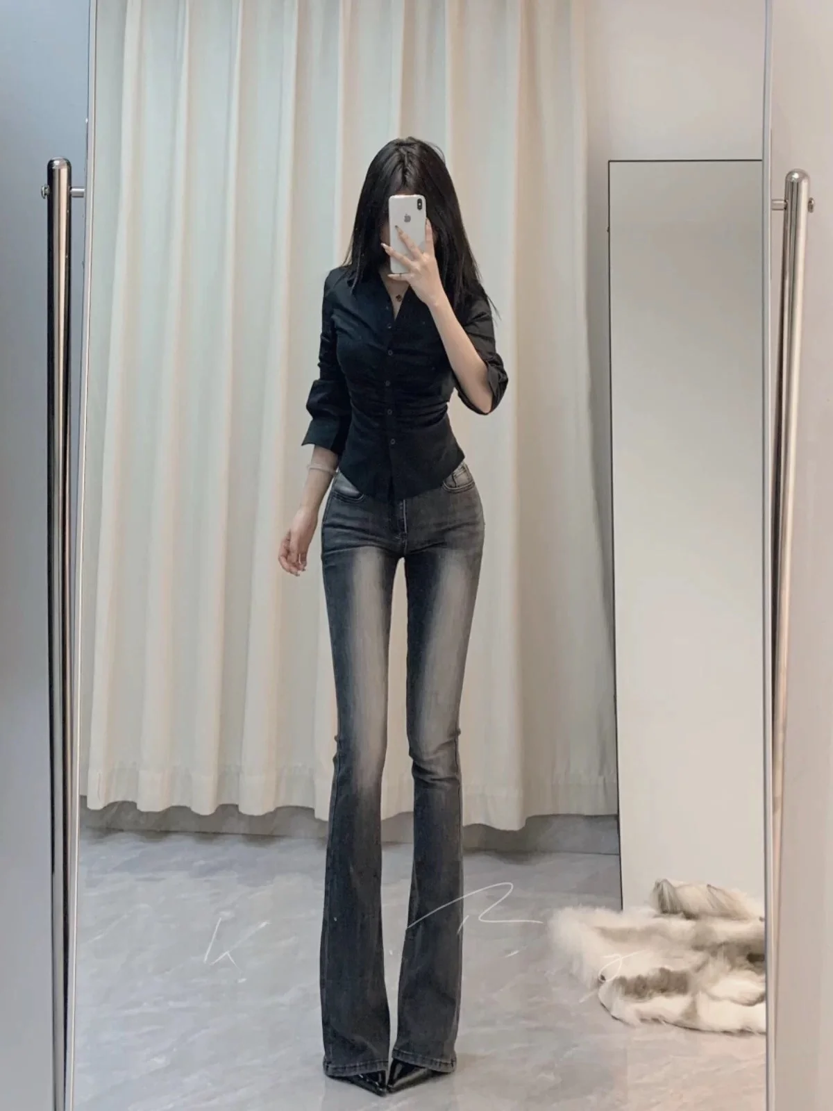 

Женские джинсы с высокой талией, облегающие, весенняя новинка, ручная работа, 26 дистинктированных эластичных микро-клеш брюк с эффектом удлинения ног