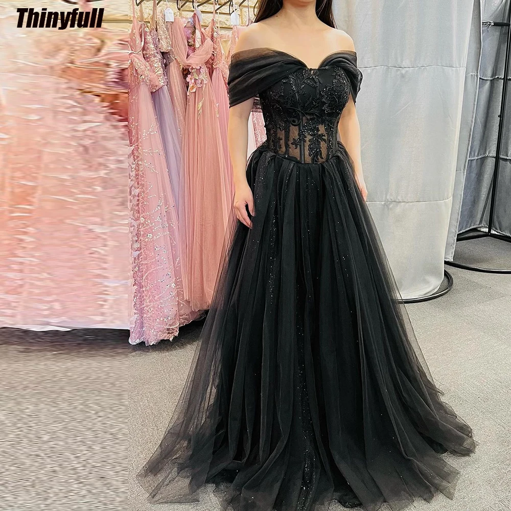 

Thinyfull A-line Shiny Evening Party Dresses Off Shoulder Prom Dress Long Tulle Appliques Formal Occasion Gown Robe De Soirée