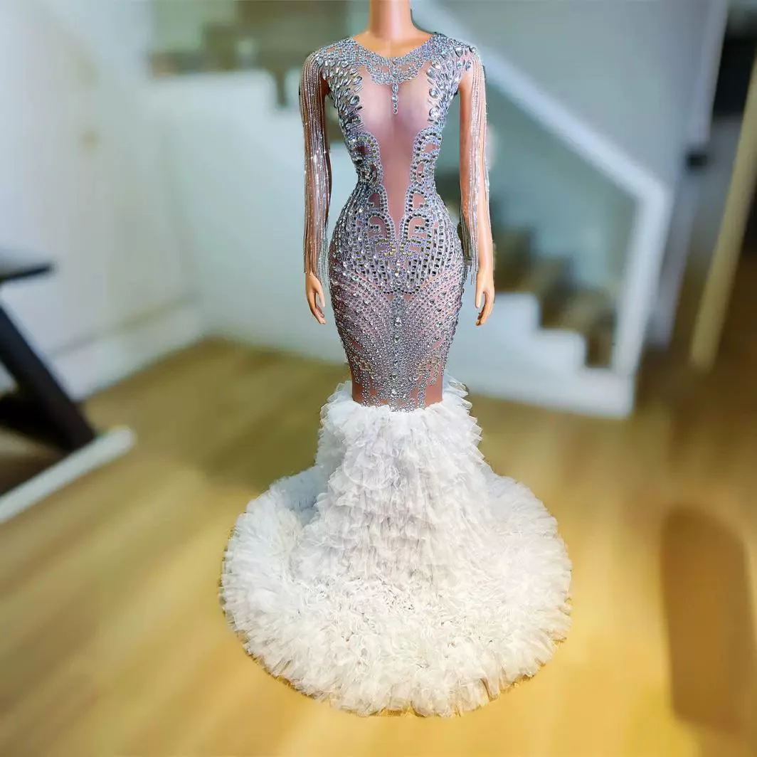 

New European and American mesh yarn bright hot diamond hollow perspective sexy trailing dress evening dress stage performance cl