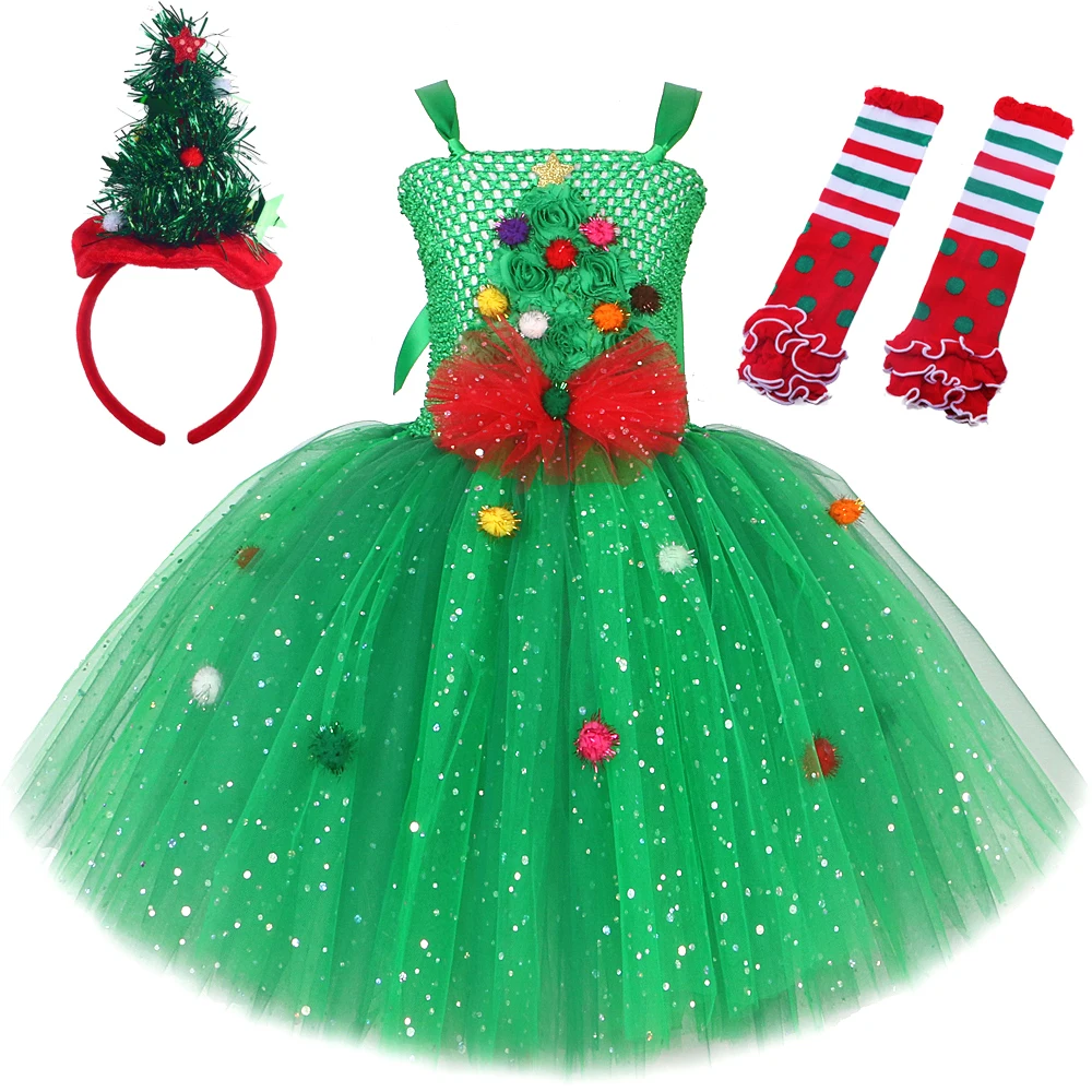 Sparkly Green Christmas Tree Costumes for Girls Flowers Xmas Party Tutu Dress Kids New Year Twinkle Outfit Child Holiday Clothes