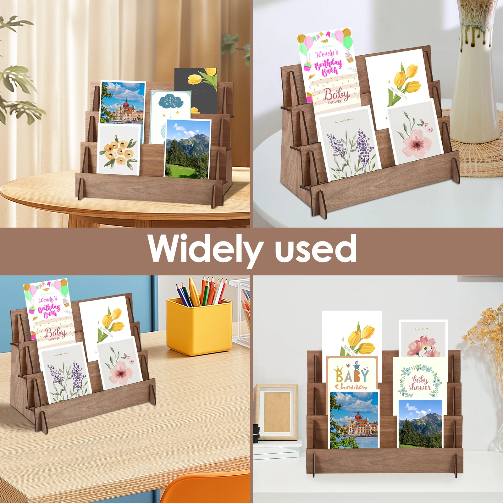 Card Display Stand Wood Postcard Holder Desk Bracket Cards Organizer 4 Layer Decorative Shelves Office Gift Display Holders