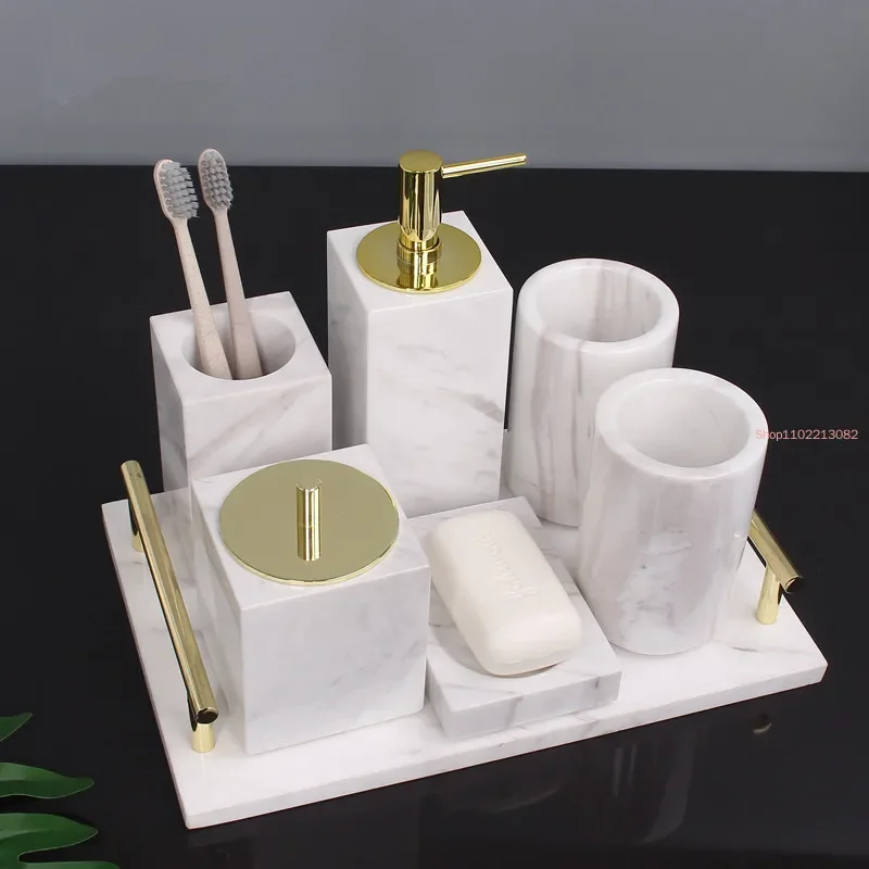 Marble Bathroom Accessories Set Soap Dispensers/Dishes Toothbrush Holder Gargle Cups Tissue Cotton Swab Box Tray Wedding Gifts