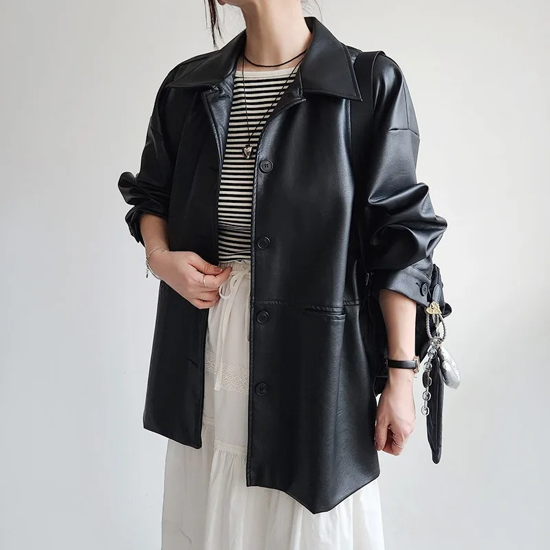 

Повседневная удлиненная куртка из искусственной кожи для женщин, простая, однотонная, на одной пуговице, с отложным воротником, для осени