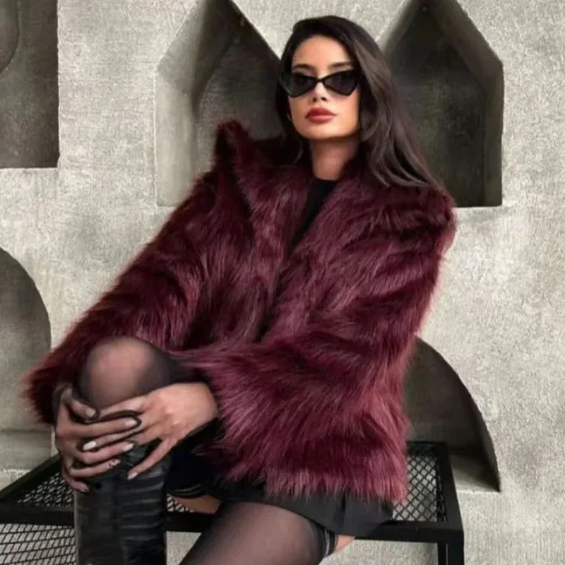 HXAO Women\'s Fur Coat Women 2024 Plush Burgundy Bomber Jacket Solid Crop Long Sleeve Jacket Warm Winter Coats Woman Casual Coats