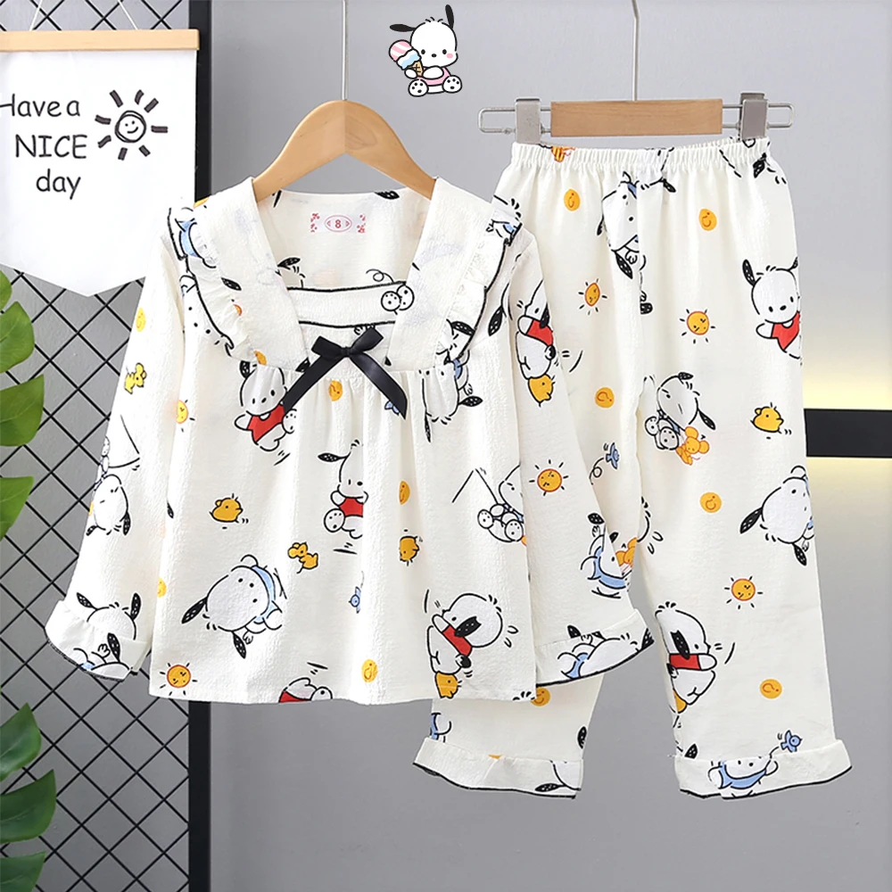 

Детский пижамный комплект с длинными рукавами в стиле аниме Sanrio Pochacco, весенне-осенний комплект Kuromi, милая домашняя одежда принцессы с героями мультфильмов, одежда для сна для девочек