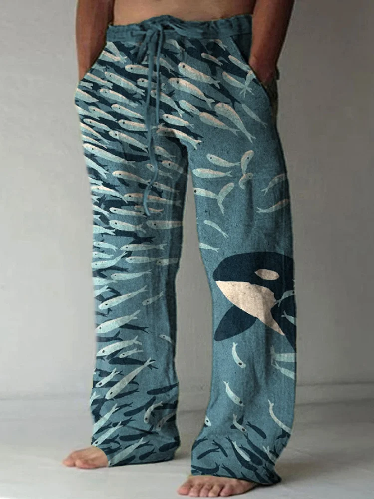 Pantalones de fregona rectos sueltos de verano transfronterizos, pantalones de playa con cordón en la cintura elástica, pantalones con estampado 3D de patrón hawaiano para hombre