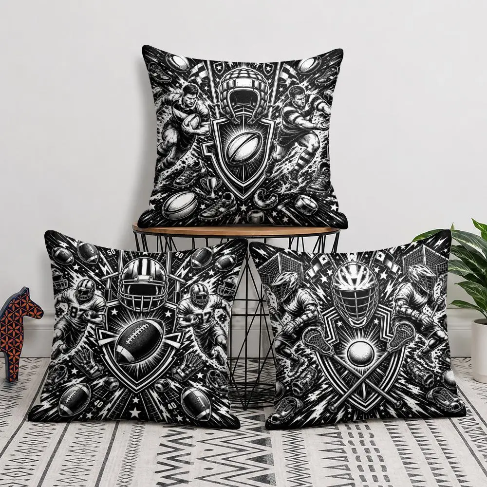 Black White Sports Emblem Cushion Cover Short Plush Soft Double-Sided Printing Pillow Case Cozy Sofa Bedroom Home Decor Gift