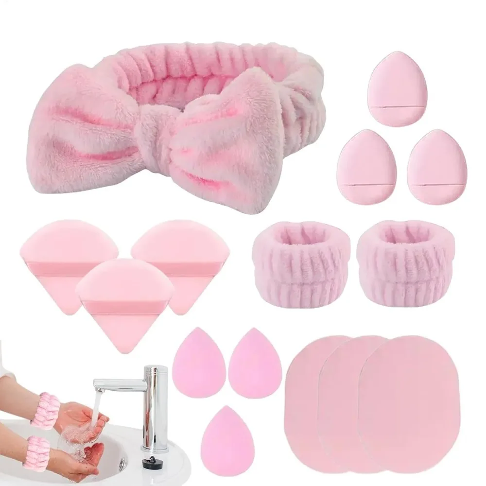 Zestaw 15 szt. opasek na głowę i opasek na nadgarstki do spa z gąbką do makijażu, z mikrofibry, chłonne, bez lateksu, do pielęgnacji twarzy, pod prysznic, do jogi i podróży.