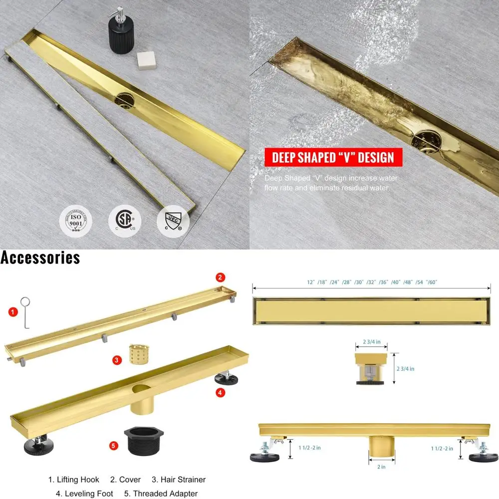 

18-дюймовый линейный душевой трап из матовой золотистой нержавеющей стали 304 с невидимой вставкой под плитку, сеткой для волос и регулируемыми ножками
