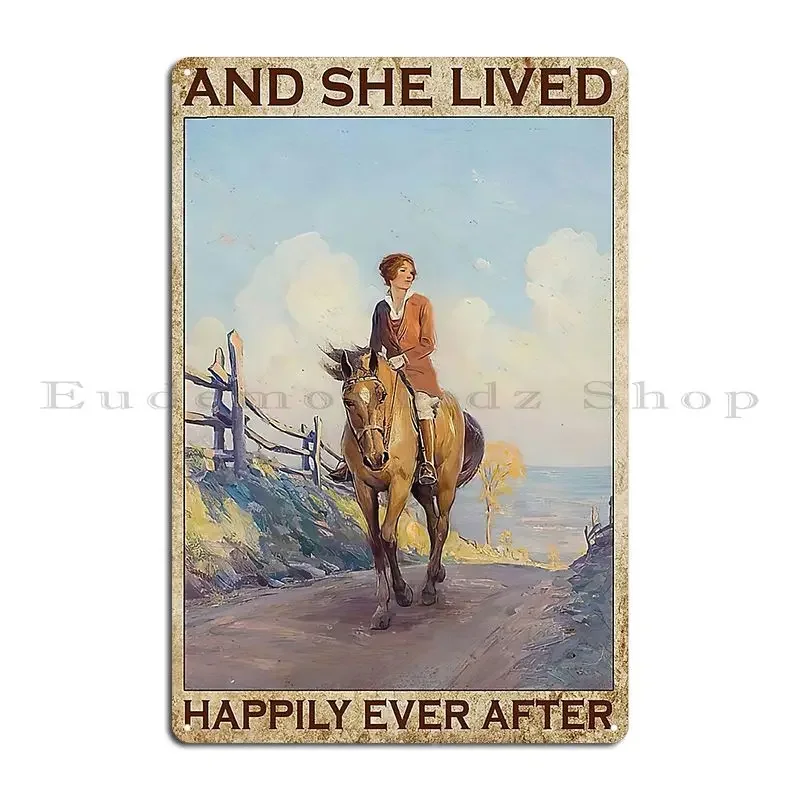 And She Lived Happily Ever After Book Girl Riding Horse Metal Sign Party Cinema Print Living Room Home Tin Sign Poster