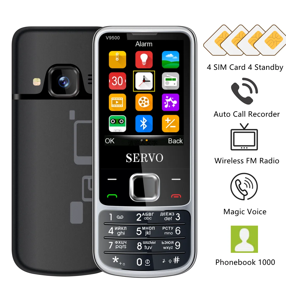 SERVO V9500 4 SIM Card Mobile Phone Auto Call Recorder Vibration Speed Dial Magic Voice Contact List 1000 FM Durable Cellphones