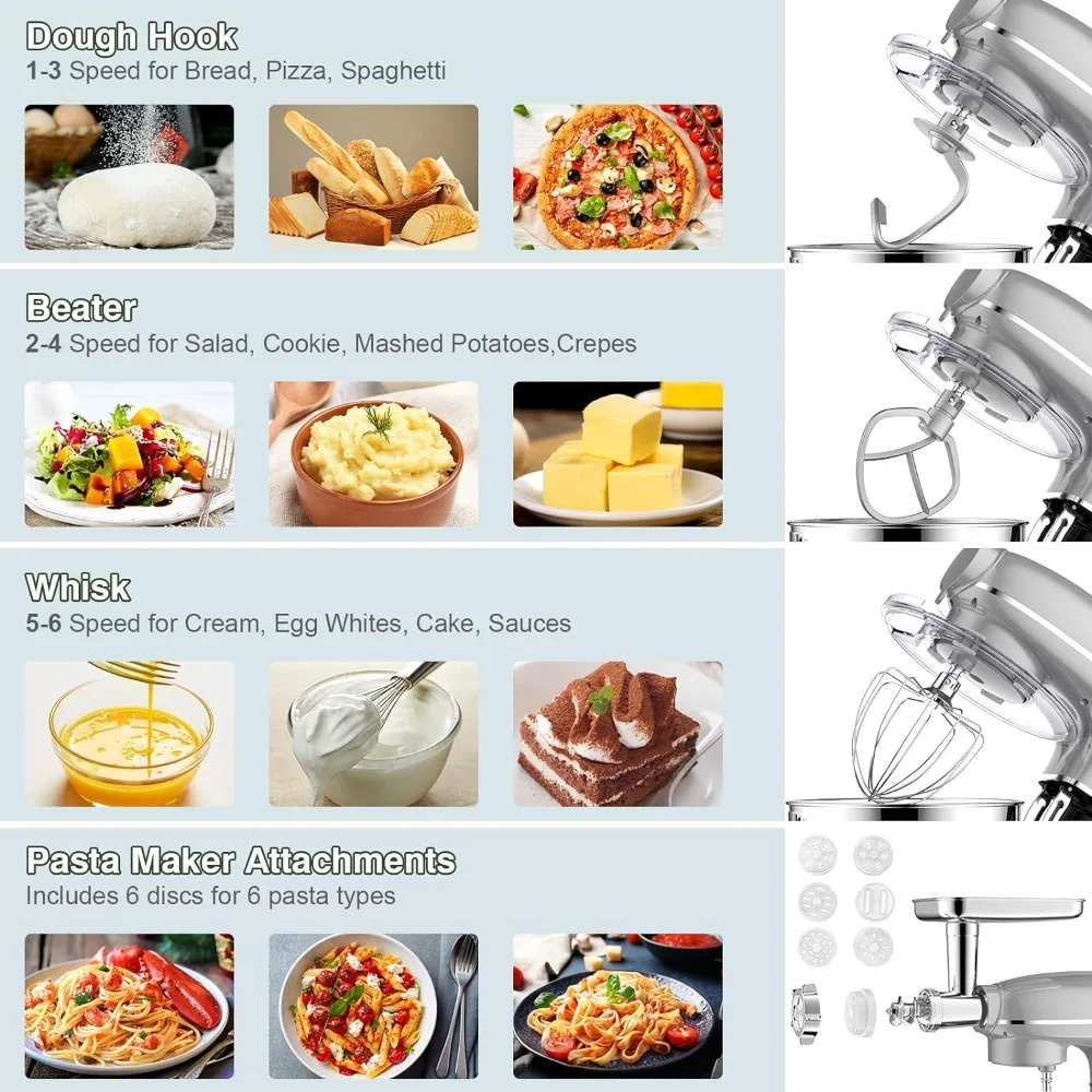 Batidora eléctrica multifuncional 6 en 1, mezclador de cocina con tazón de acero inoxidable 6.5QT, tarro de vidrio de 1.5L, picadora de carne