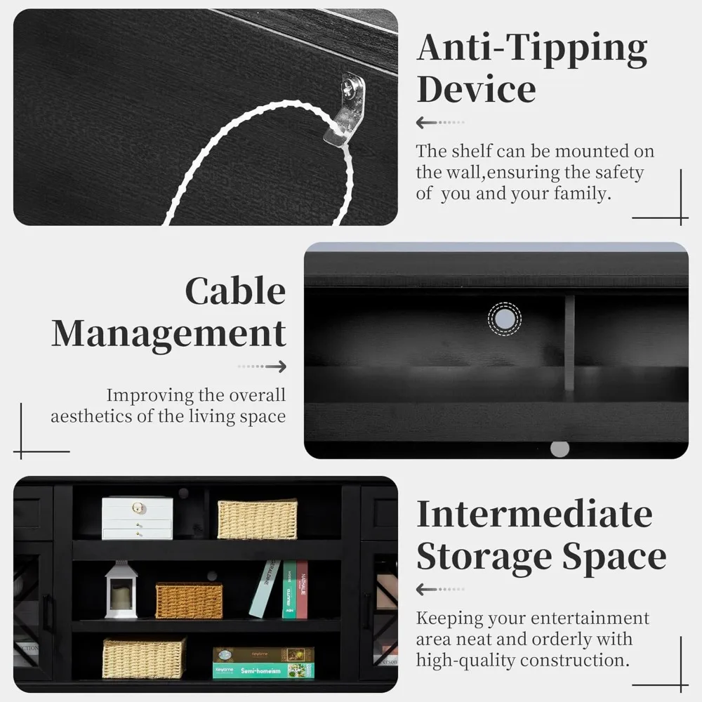 حامل تلفزيون حديث 70 على طراز المزرعة لـ 75-80 تلفزيونًا: مركز ترفيه خشبي أسود مع إضاءة LED وأبواب زجاجية #6