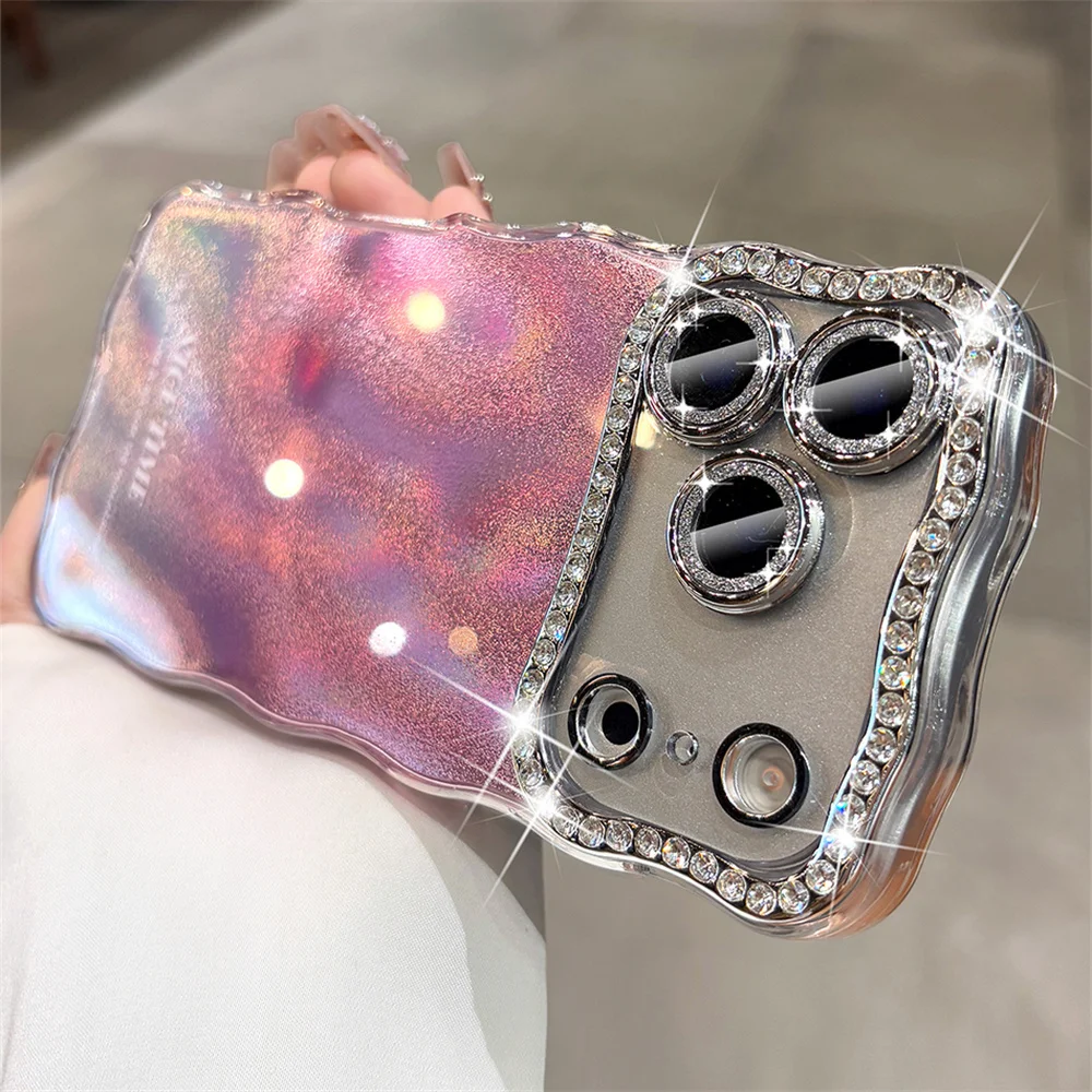 Luxuriöse Glitzer-Strass-Linse, Wellen-Telefonhülle für iPhone 17, 16, 15, 14, 13, Pro Max Plus, Air Bling, Farbverlauf, Wasserwelligkeit, Rückseite