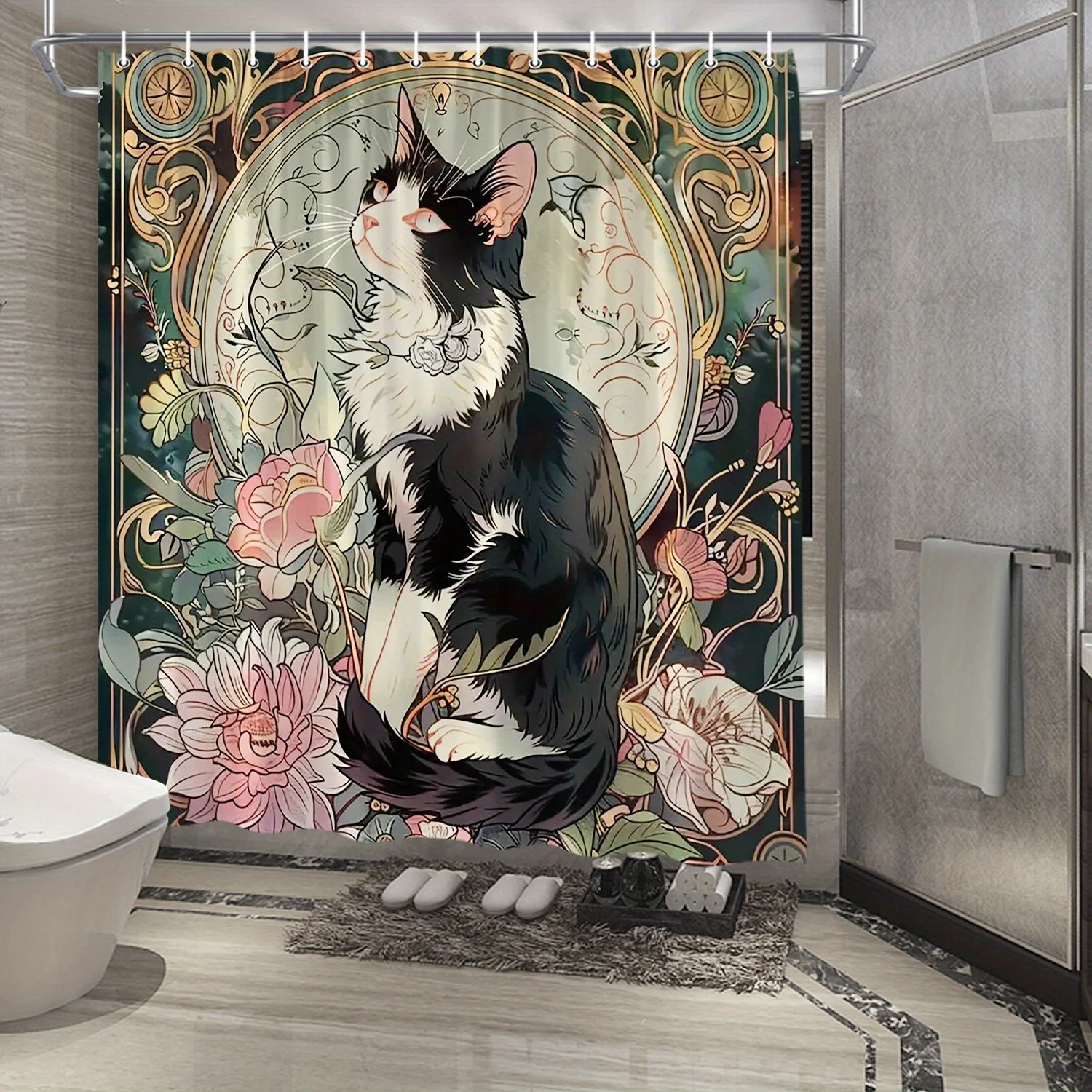 

Art Nouveau Черно-белый кот с цветочным дизайном Водонепроницаемая занавеска для душа для современного декора ванной комнаты, идеально подходит для домашнего использования