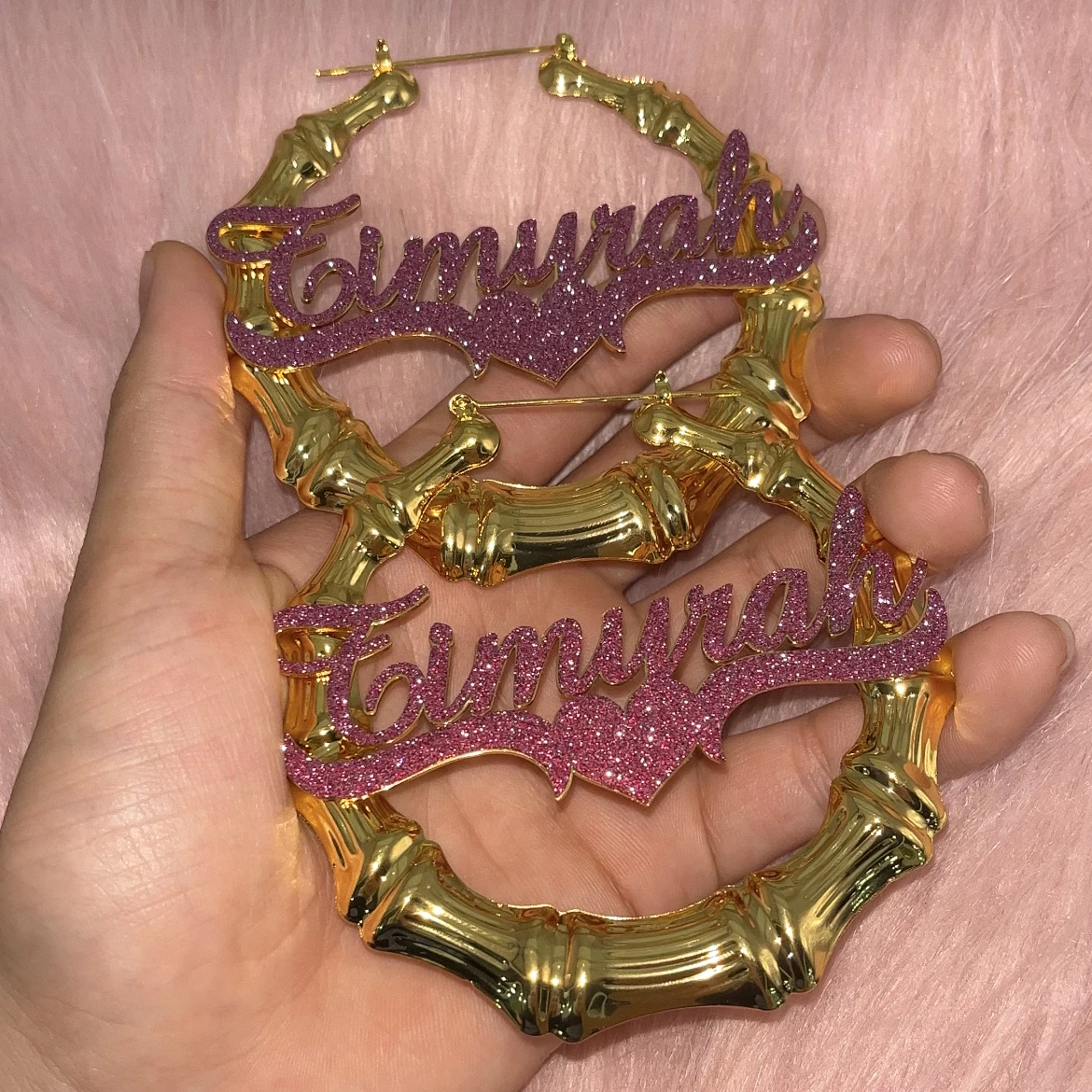 DHQH Customized Name Stickers Earrings Personalized Flower Sparkling Name Earrings Sparkling Color Name Bamboo Ring Earrings