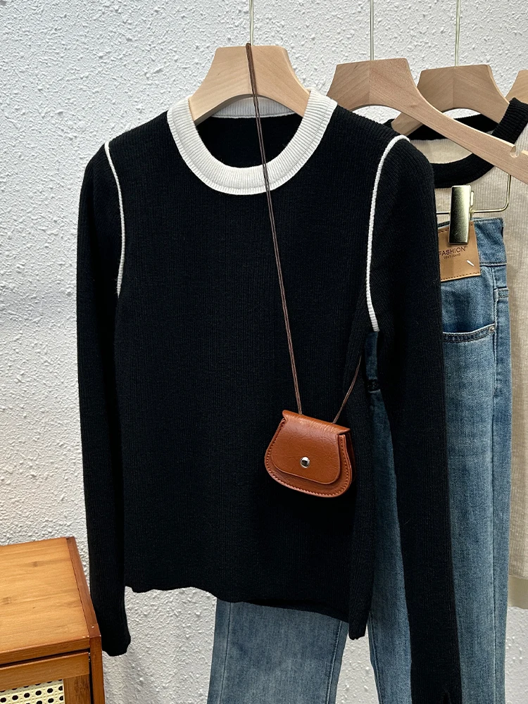 

Ele Long Sve Knitted Top Women's Autumn Winter Slim Fit Base Layer irt Color Blo Stretchy Versatile Fitting Top