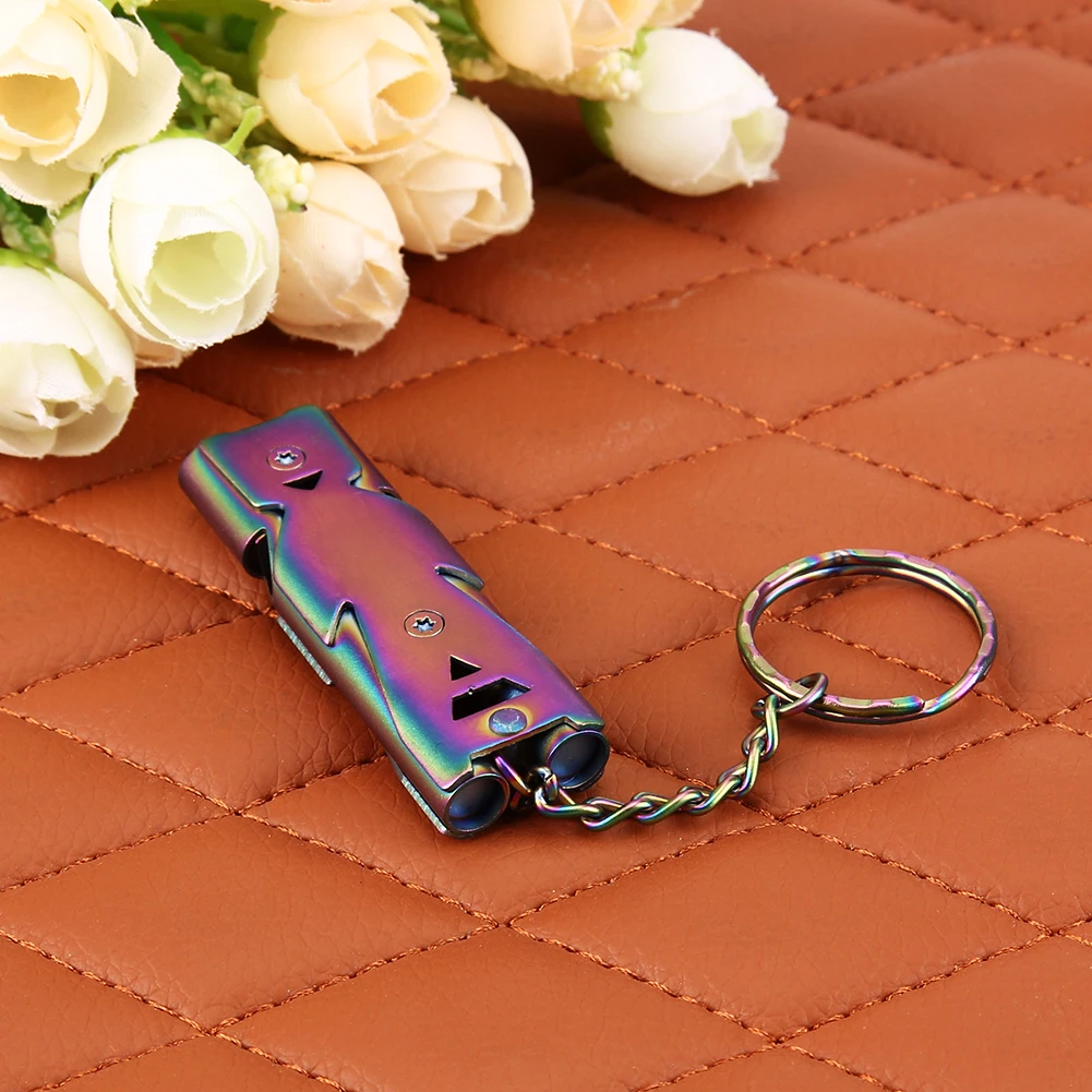 قلادة صافرة صغيرة مع سلسلة مفاتيح من الفولاذ المقاوم للصدأ صفارات كيرينغ عالية ديسيبل أنبوب مزدوج خفيف الوزن لحكم الألعاب #5